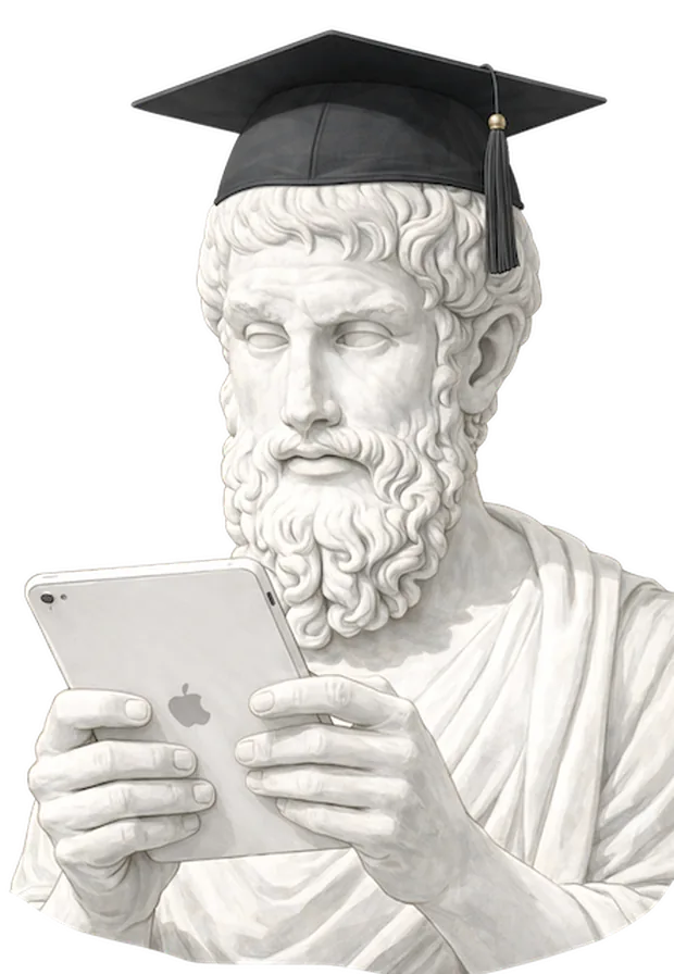 An ancient philosopher in a graduation cap reading from a tablet